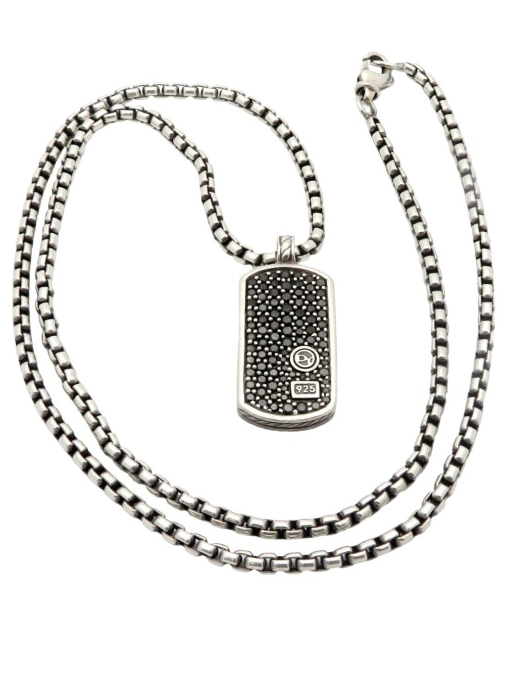 Authentic David Yurman Sterling Silver Pavé Black Diamond Dog Tag Necklace 21.5"